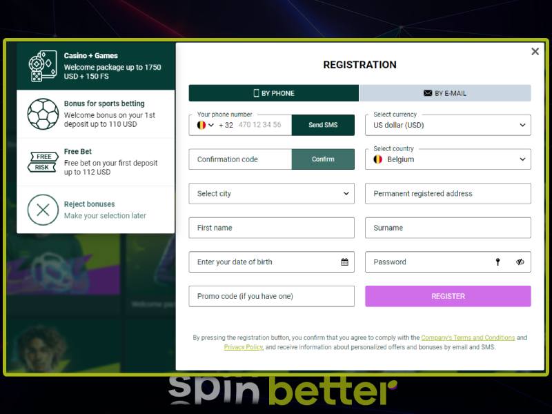 Registration at SpinBetter online casino