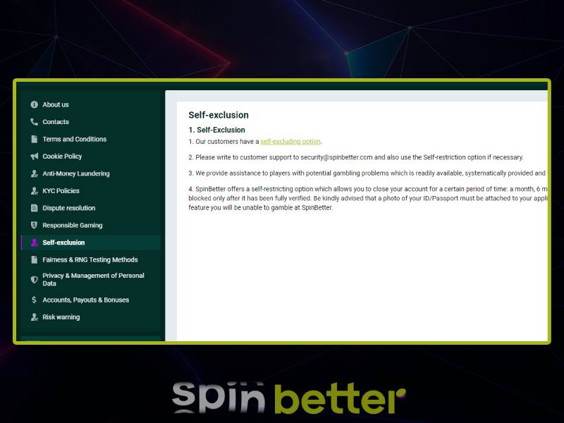 Самостоятельное исключение вашего аккаунта в Спинбеттер